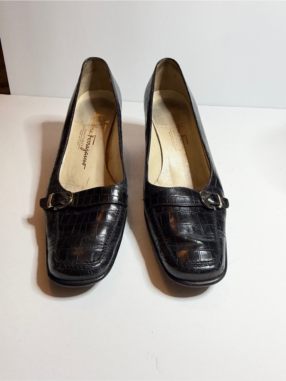 Salvatore Ferragamo Black Croc-Embossed Leather Loafers with Buckle